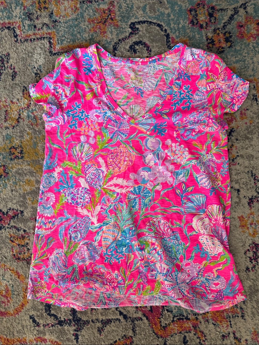 Lilly Pulitzer Hot Pink Tropical Floral V-Neck Tee